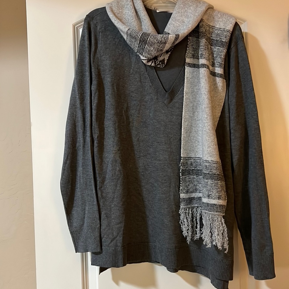 Grey V-Neck Sweater with detachable scarf -Brand New w/tags